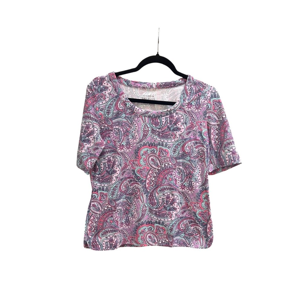 Talbots Womens Pink Purple Paisley Scoop Neck Short Sleeve Cotton Stretch Tee‎ M